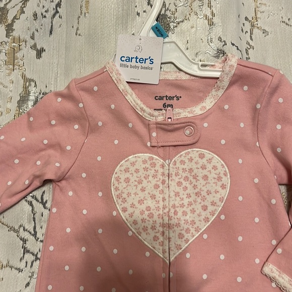 2 Carters pink and white heart long sleeve footie 2 way zip 100% cotton 6 m - Picture 2 of 8